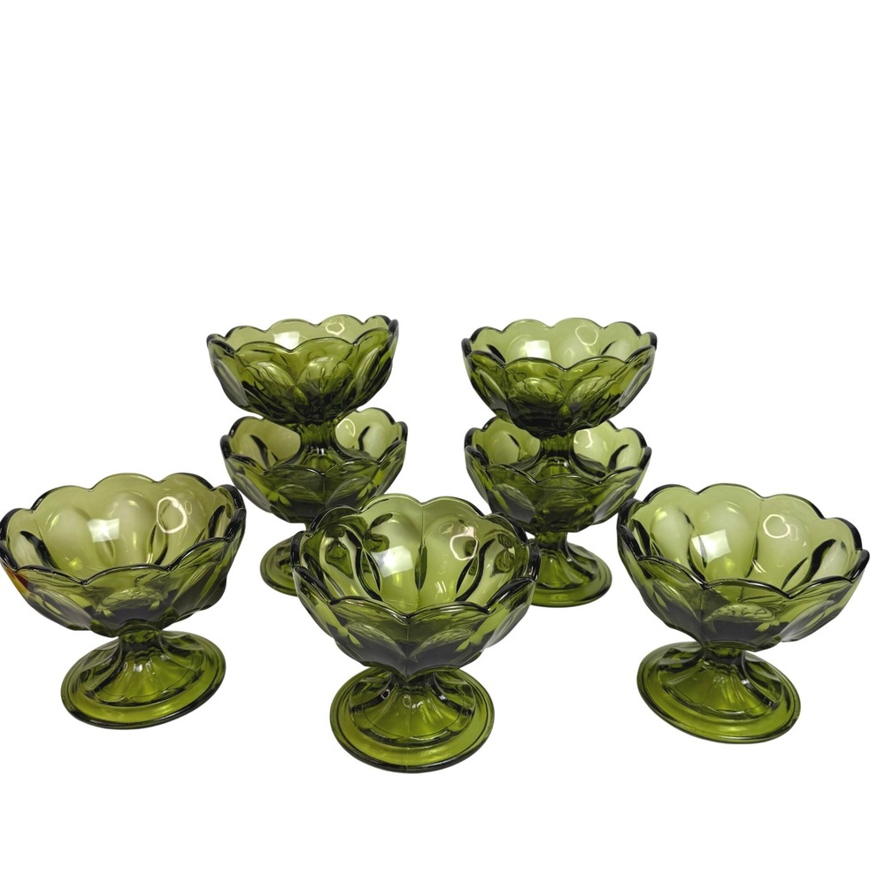 Anchor Hocking Fairfield Avocado Green Footed Dessert Sherbet Set of 7 Vintage